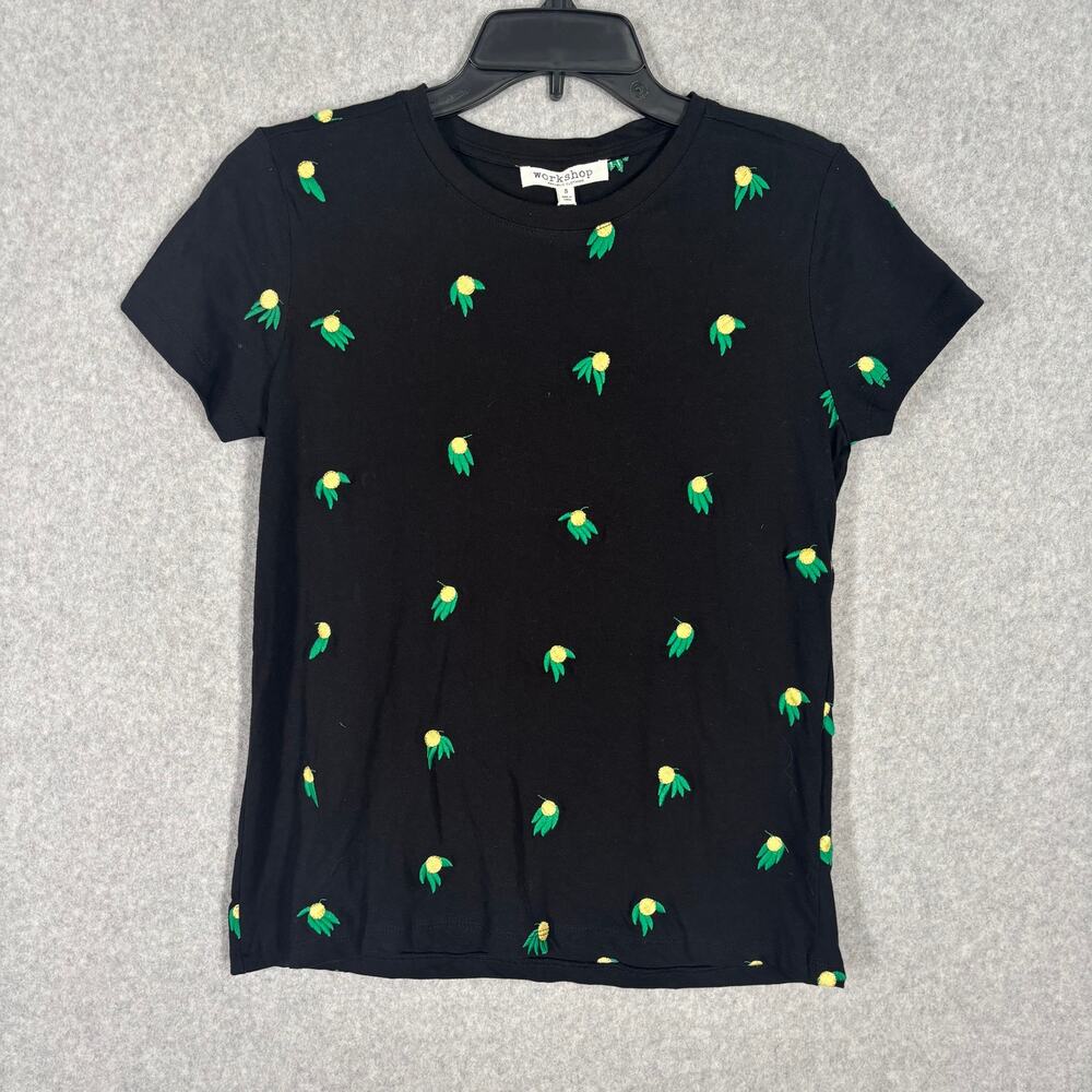 Workshop Shirt Womens Small Black Basic Short Sleeve Cotton Fruit Lemon Vacation